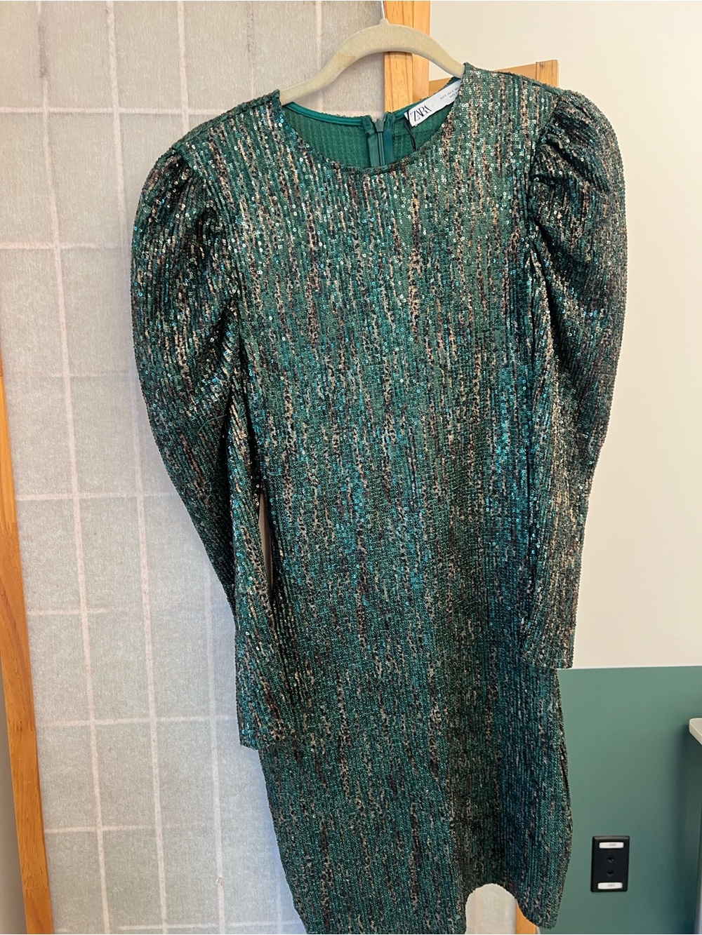 Zara Teal Sequins Puff-Sleeve Sheath Dress